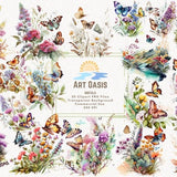 Watercolor Butterfly Floral Botanical Landscape Clipart Bundle of 20 - Transparent Background Digital Download PNG Graphics - Commercial Use