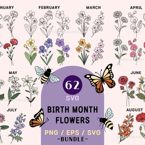 Birth month flower SVG bundle with labeled botanical blooms and butterflies