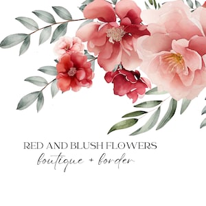 Watercolor floral border with red and blush flowers and green leaves