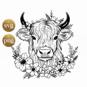 Highland cow head line art with floral wreath and detailed blossoms