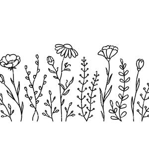 Wildflower line-art SVG bundle with black botanical stems and blossoms, hand-drawn style