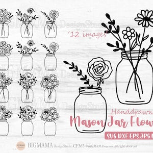 Mason jar flower bundle SVG with outline mason jars and floral stems, 12 designs