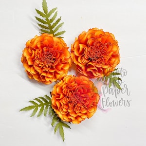 Marigold mini paper flower set: three orange blooms with green leaves, digital file