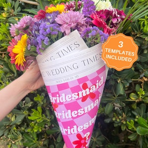 Pink and white bridesmaid bouquet wrap with bold 'Bridesmaid' lettering and proposal note