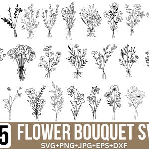 Floral bouquet SVG bundle with black line-art wildflowers and herbs, multiple stems