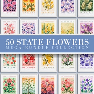 50 state flowers wall set with colorful botanical flower print posters in collage