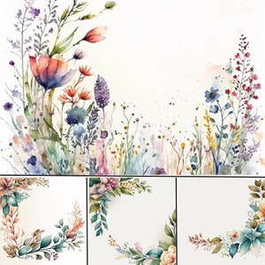Watercolor wildflower border and foliage frame clipart set, floral garden accents