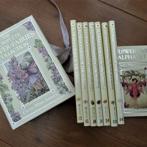 Flower Fairies hardcover book set with illustrated spines and pale slipcase by Cicely Mary Barker