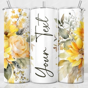 Yellow floral sublimation tumbler wrap with script text and seamless full wrap pattern
