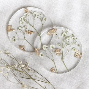 Clear pressed flower coaster set with delicate Baby’s Breath petals