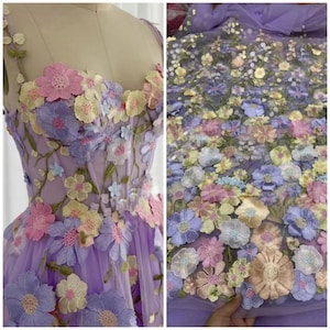 Purple 3D flower lace tulle fabric with pastel embroidered blossoms