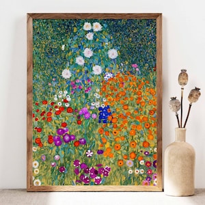 Floral cottage garden poster with Klimt-style painted flowers in orange, purple, and green