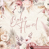 Bohemian Floral Clipart, Pampas Clipart, Meadow Flowers Clipart, Watercolor Flower Blooms Clipart, Boho Flower Bouquet Png, Dusty Pink