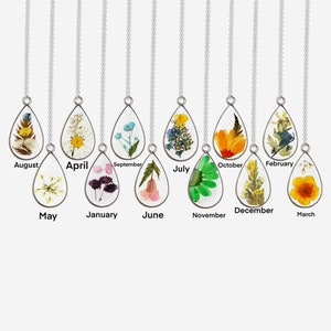 Birth month flower resin necklace set, teardrop pendants with dried blossoms