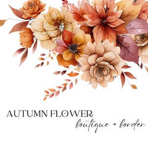 Watercolor autumn flower clipart with floral bouquet, leaves, and 'AUTUMN FLOWER' text
