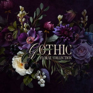 Gothic floral clip art collection with dark purple and burgundy flowers and ornate title