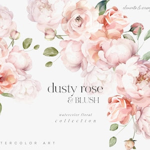 Dusty rose watercolor rose floral clipart with greenery and 'dusty rose & BLUSH' text