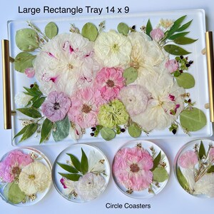 Large rectangular tray with preserved pastel pink and white flowers; includes four round coasters