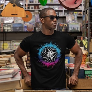 Black unisex short-sleeve T-shirt with colorful circular soundwave graphic
