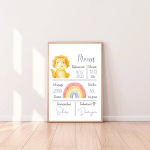 Framed birth chart poster with cute yellow dinosaur and rainbow design