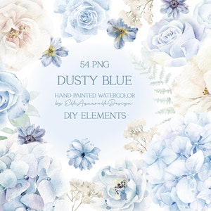 Dusty blue watercolor floral clipart, assorted flowers and roses, DIY wedding elements