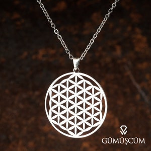 Silver flower of life pendant necklace with round geometric pendant