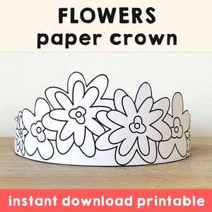 Flower paper crown coloring template with large flower outlines, instant download printable