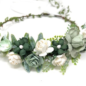 Sage green and white fabric flower crown with leaves, woven into an adjustable wreath