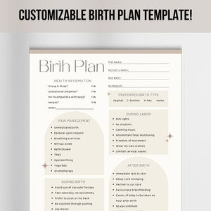 Customizable birth plan template document with checklist sections for preferences