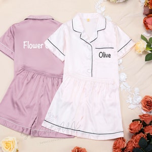 Girls pajama set: lavender button-front top and shorts; white nightgown with piping, 'Olive' text