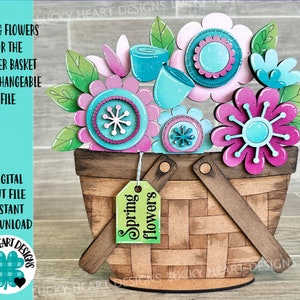 Spring floral SVG cut files with tiered-tray flowers in wooden basket, mix of pink and teal