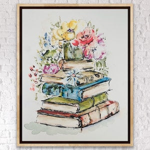 Vintage watercolor print of stacked books with colorful flowers bouquet, framed wall art