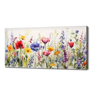 Colorful spring wildflowers watercolor canvas wall art, rectangular floral print