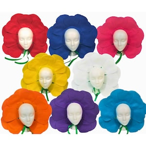Fabric flower headpiece with large petal-style petals, shown in red, blue, pink, yellow, orange