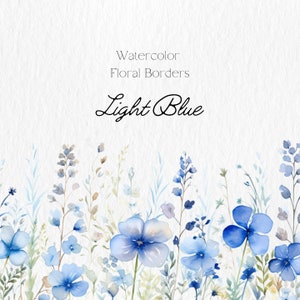 Watercolor floral border set with light blue wildflowers and leafy greenery