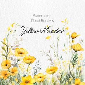 Watercolor floral border set with yellow meadow flowers and leaves, border design