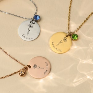 Heart pendant necklace set with birthstone charms and engraved name text