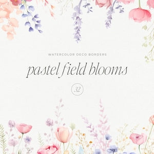Watercolor floral border with pastel wildflowers and lavender blossoms, wedding decor