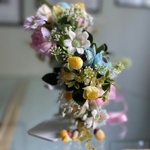 Pastel flower crown headband with mixed white, yellow, pink and blue blooms