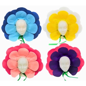 Two-tone flower headpiece set: 4 large blooms in blue, yellow, red, and purple