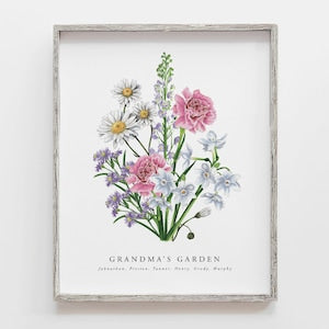 Framed floral wall art print with pastel pink, blue, and white flowers, 'Grandma's Garden' text