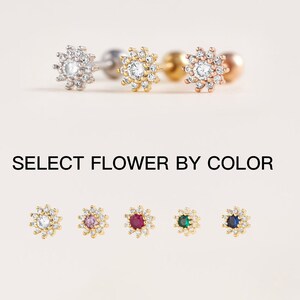 Flower gem conch stud earrings, flat back, small gold and multicolor crystal options
