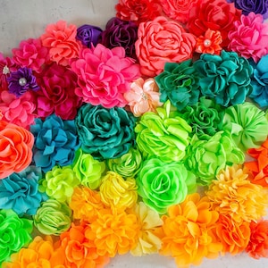 Neon fabric flower grab bag with bright multicolor rosette blooms