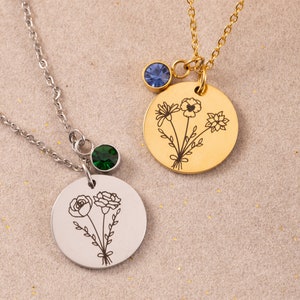Birthflower bouquet necklace with round pendants, flower line art and birthstones