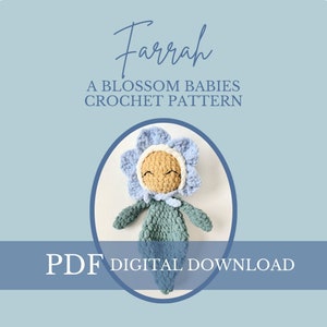 Blossom Babies Farrah crochet pattern PDF with crocheted forget-me-not flower baby