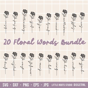 Floral words SVG bundle with line-art stems and script quotes in black