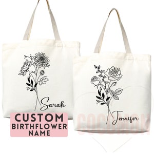 Personalized tote bag with black birth-flower line art and custom name, Sarah and Jennifer