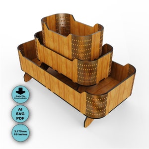 Wooden stackable baskets with laser-cut lattice sides and curved handles
