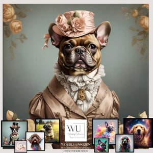 Victorian pug art print: dog in top hat and suit, bouquet roses, white bowtie
