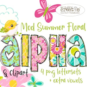 Floral alphabet letter PNG bundle with retro mod uppercase letters, multi-color flowers